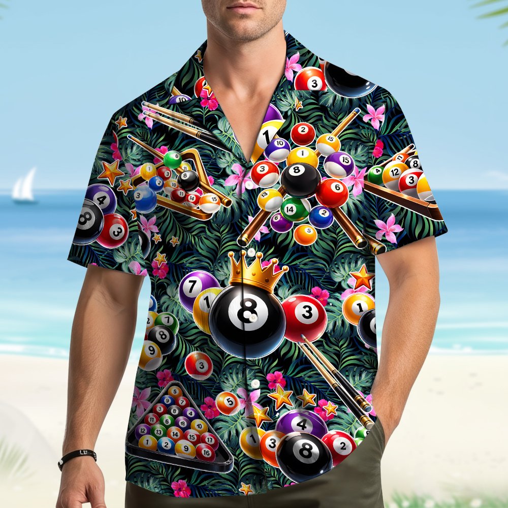 Second lifestyle view showcasing the vibrant tropical hawaiian shirt with pool game elements