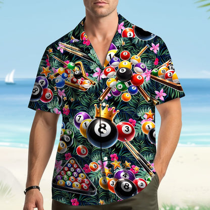 Second lifestyle view showcasing the vibrant tropical hawaiian shirt with pool game elements