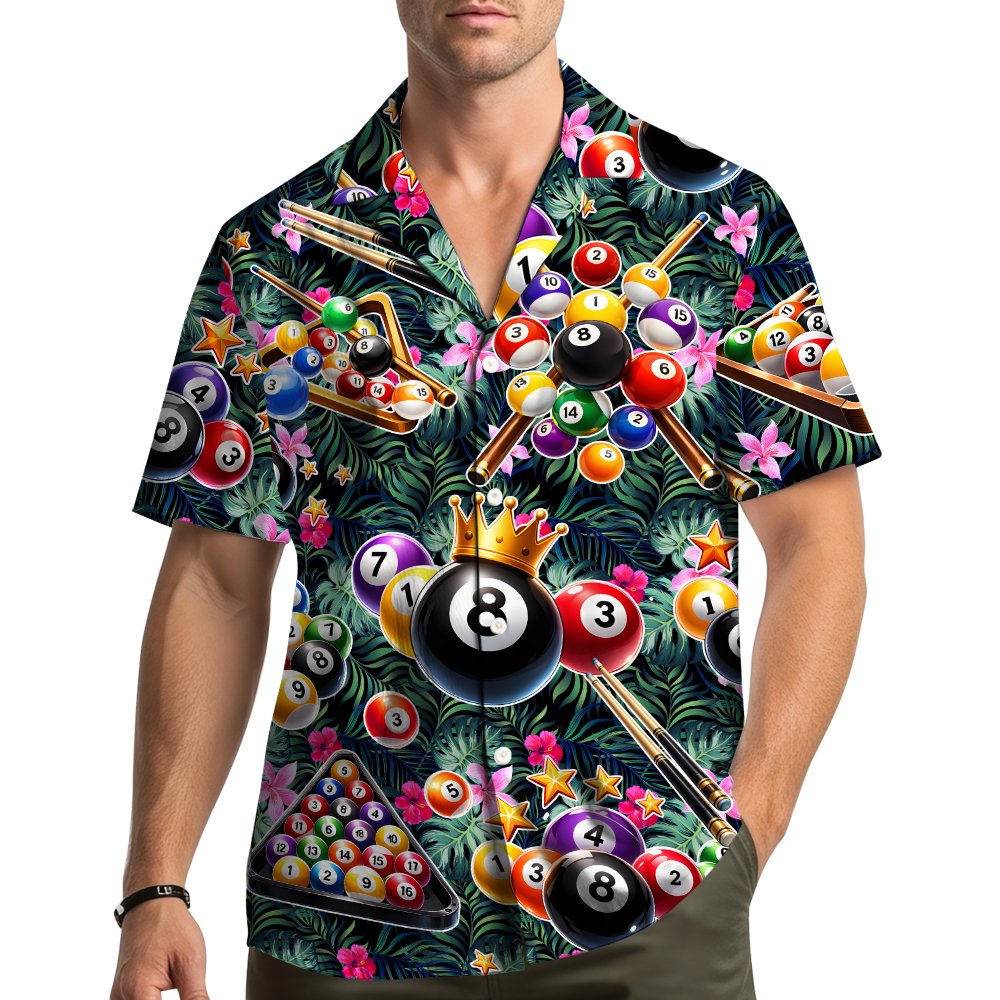 Lifestyle view of someone wearing the matching family hawaiian shirts with billiards theme