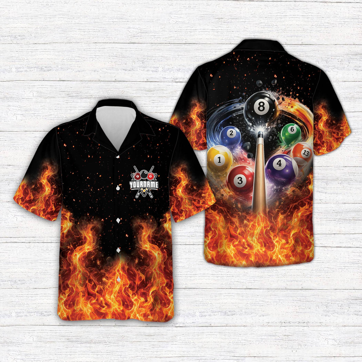 Main view of the personalized orange billiards hawaiian shirt with flaming 8-ball design