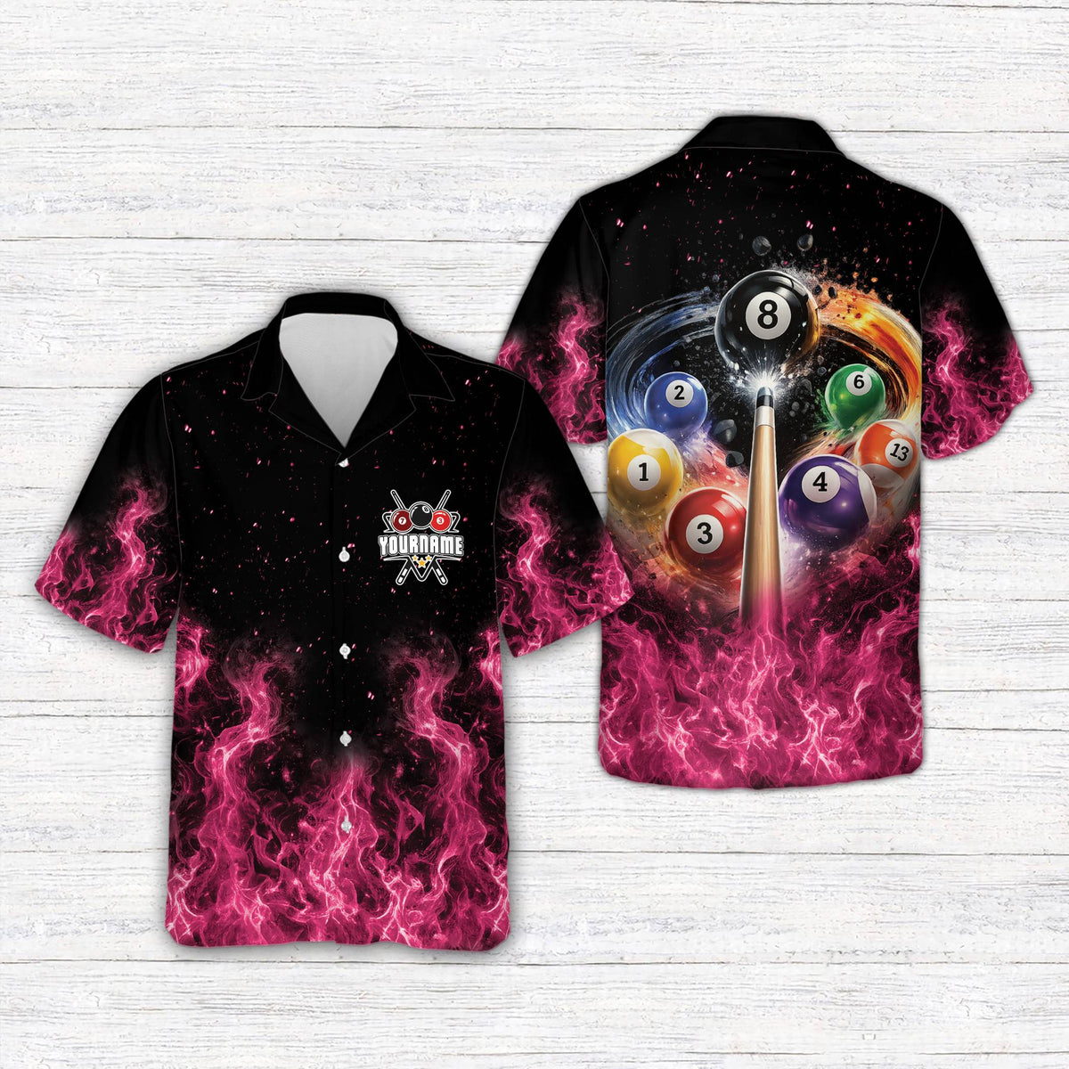 Front view of the personalized pink billiards hawaiian shirt