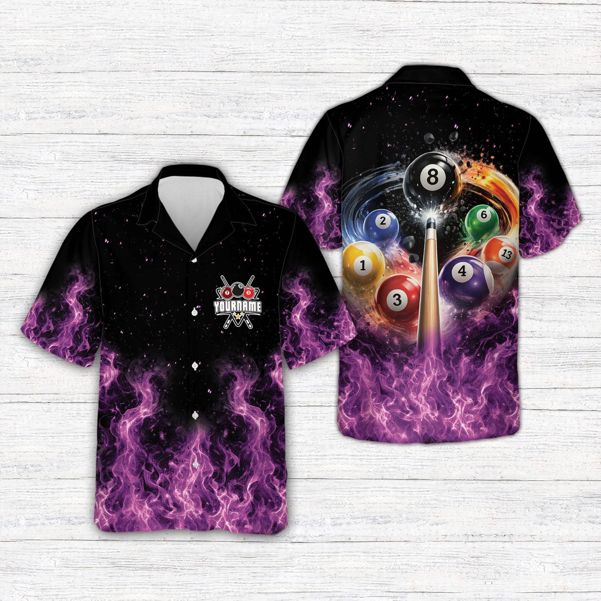 Front view of the personalized purple billiards hawaiian shirt