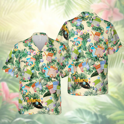 Beige bingo hawaiian shirt with tropical leaf and bingo card pattern, front view