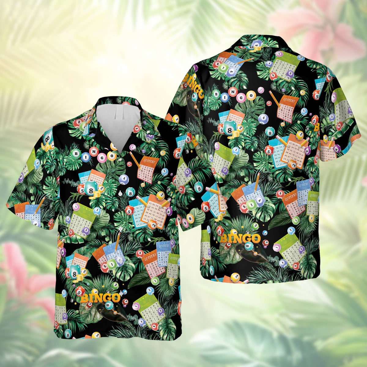 Black bingo hawaiian shirt with tropical leaf and bingo card pattern, front view