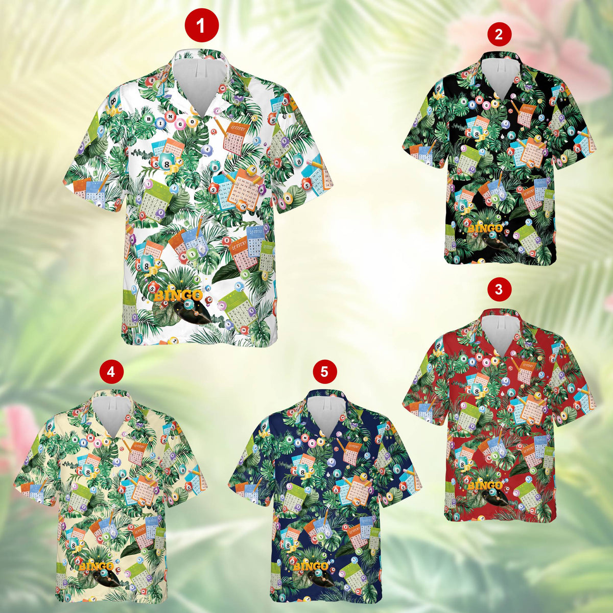 Green bingo hawaiian shirt featuring tropical leaves and bingo cards, front view