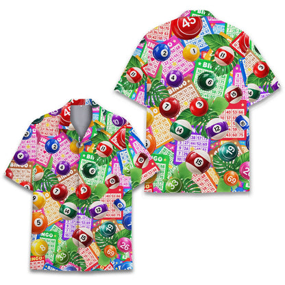 Additional front view of the multicolor bingo hawaiian shirt