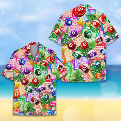Front view of the matching family hawaiian shirt in a vibrant bingo design