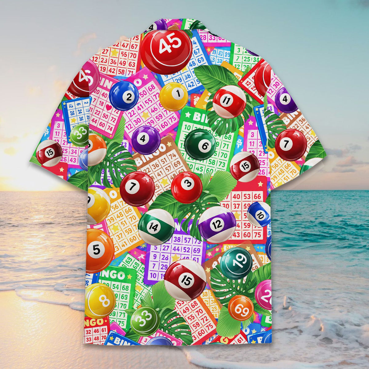 Second back view of the bingo hawaiian shirt showing scattered print details