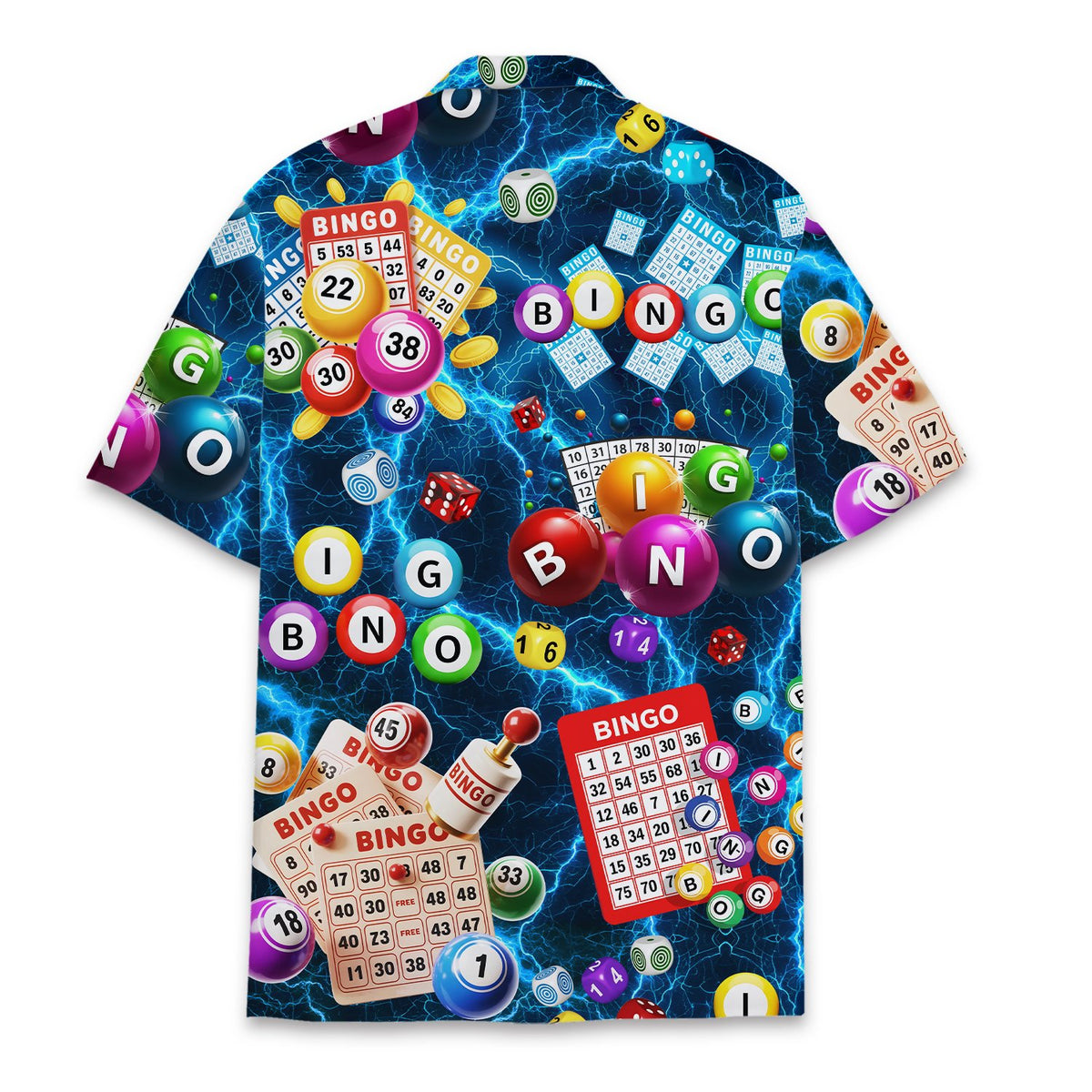 Navy bingo hawaiian shirt featuring cards and balls, back view