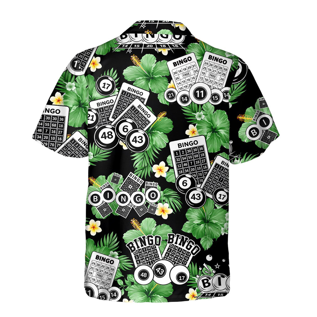 Back view of the bingo hawaiian shirt showing scattered bingo cards and balls
