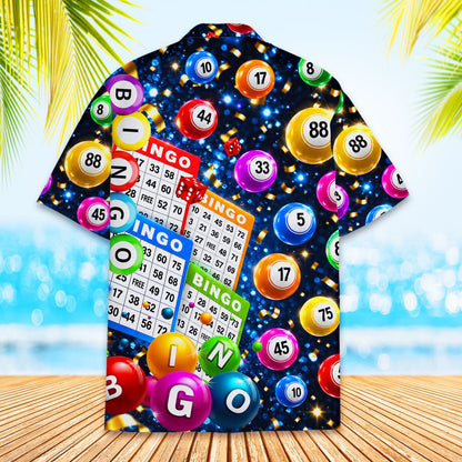 Back view of the bingo hawaiian shirt featuring starry background