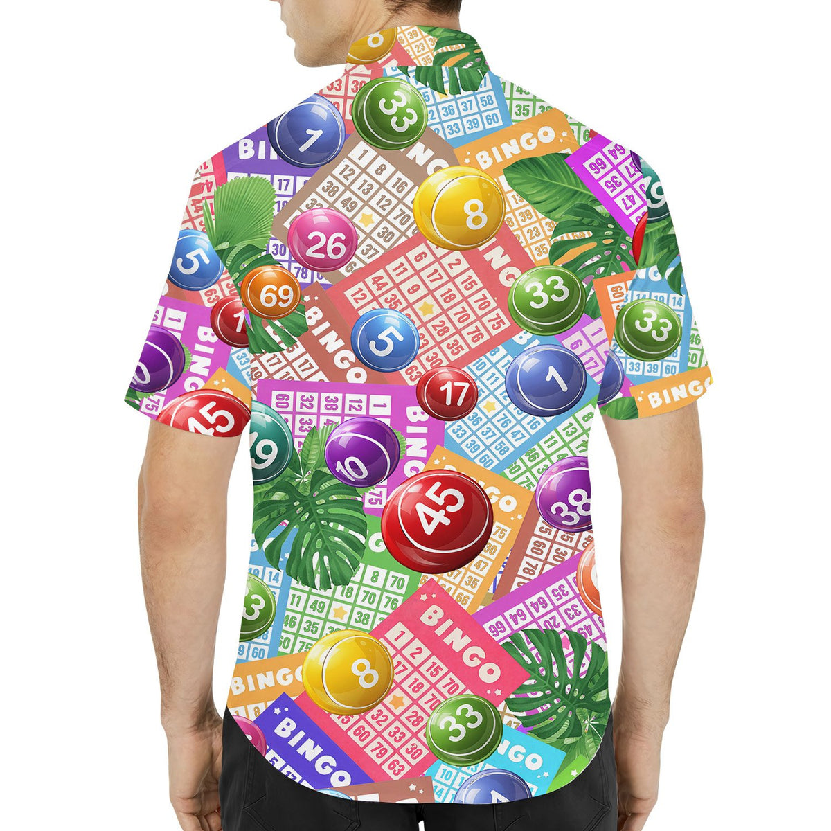 Back view of the bingo hawaiian shirt with tropical palm leaves