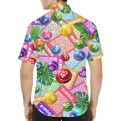 Back view of the bingo hawaiian shirt with tropical palm leaves