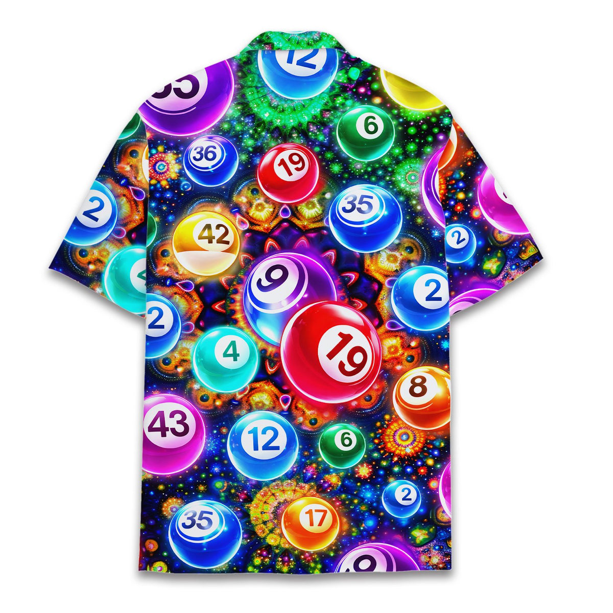 Back view of the multicolor bingo hawaiian shirt