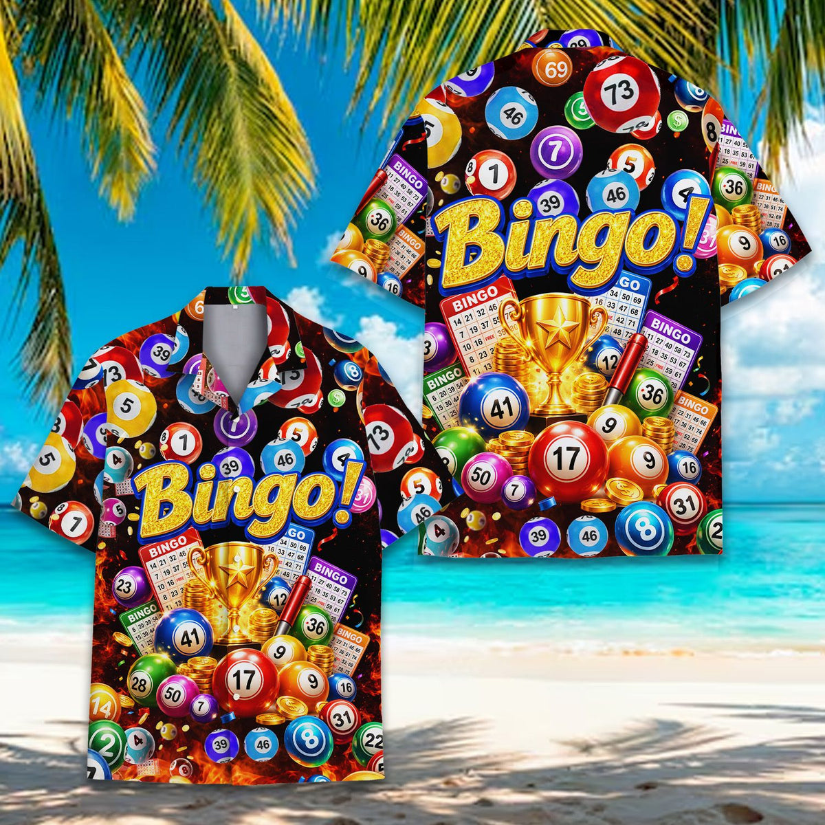 Detailed front view of the bingo hawaiian shirt with golden trophy design