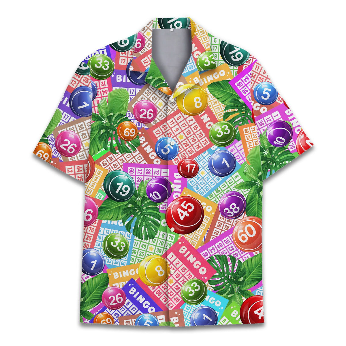 Close up of bingo balls and palm leaves on hawaiian shirt