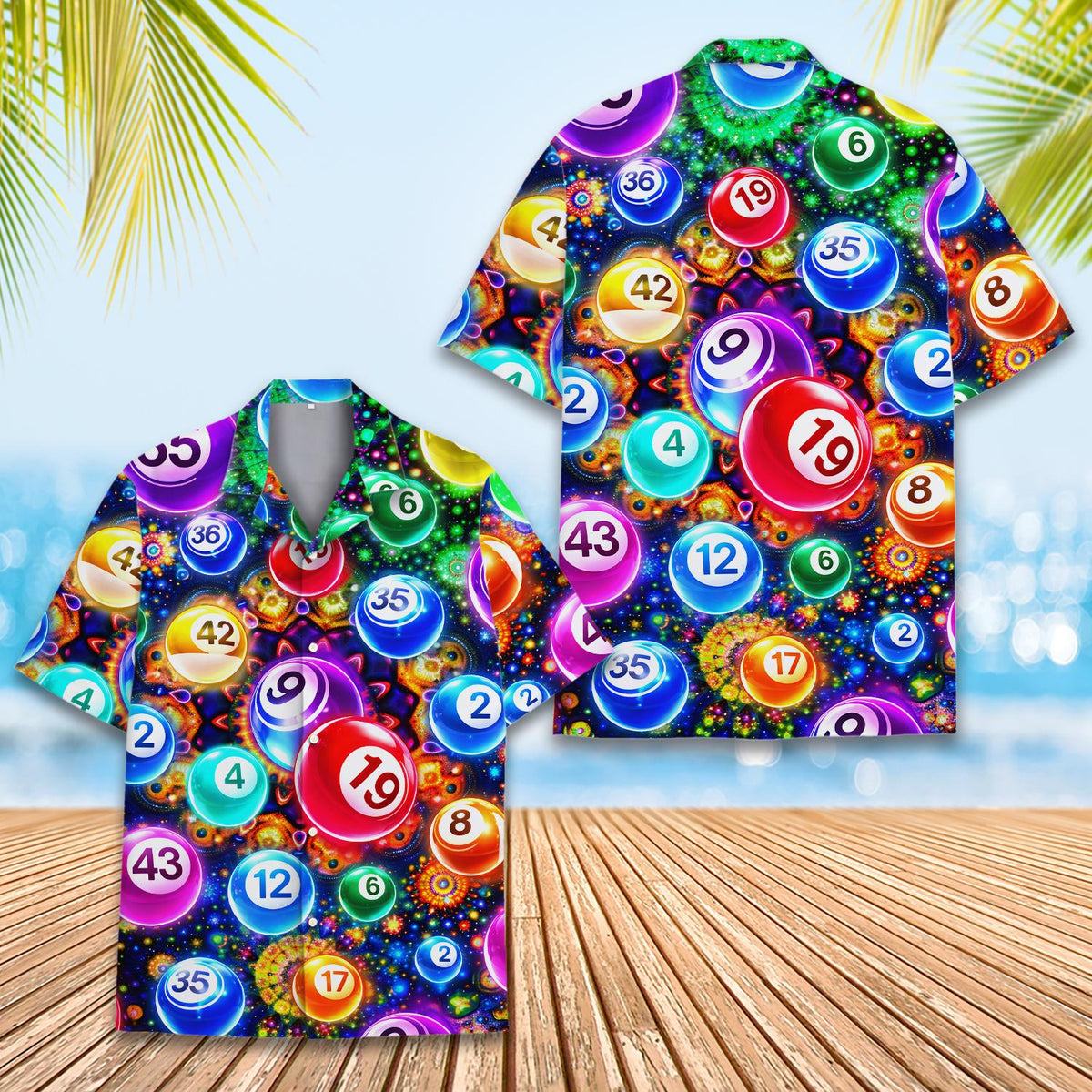 Detailed front view of the bingo pattern shirt