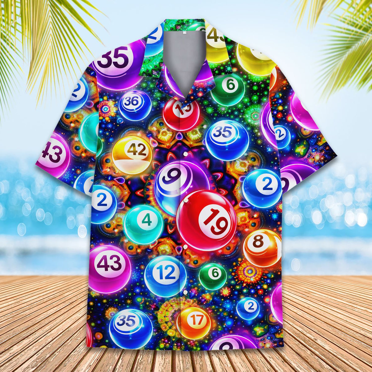 Close up front view of the colorful bingo hawaiian shirt