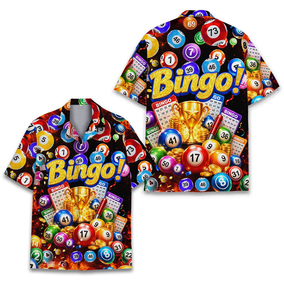 Another front view of the colorful bingo hawaiian shirt