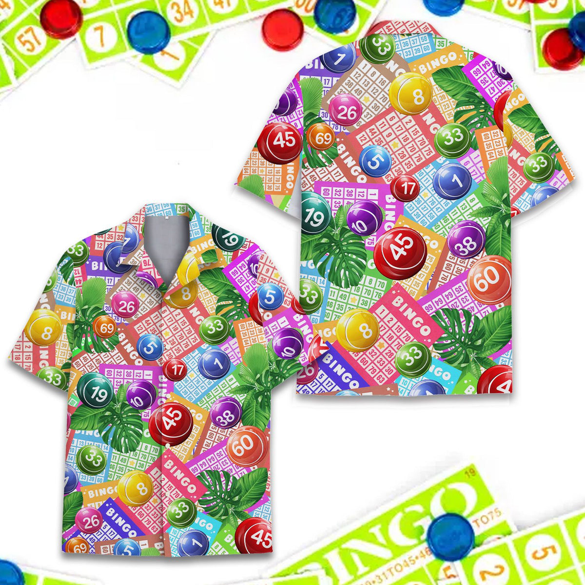 Lower hem of multicolor bingo hawaiian shirt