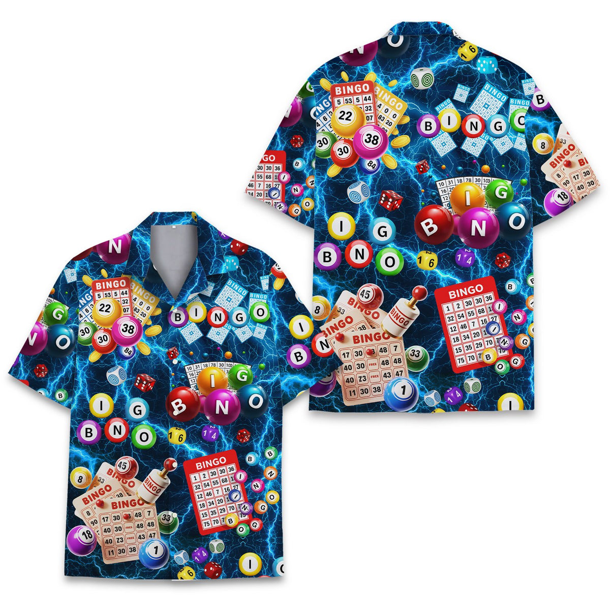 Navy bingo hawaiian shirt featuring cards and balls, front view