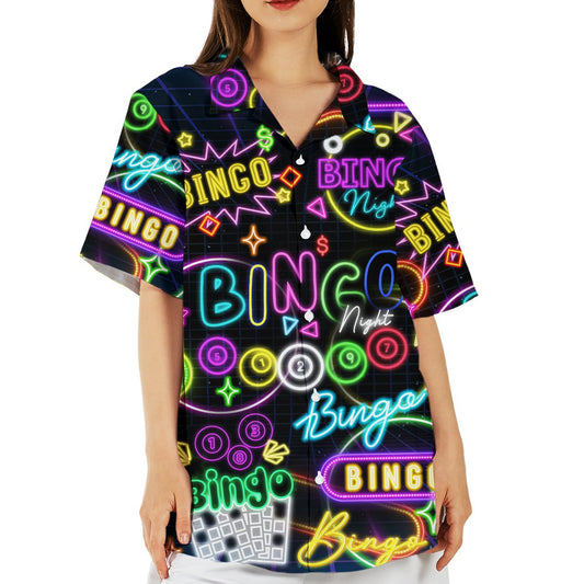 Front view of the black bingo hawaiian shirt featuring bright neon signs and bingo balls