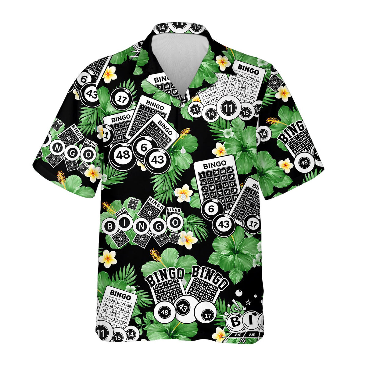 Bingo hawaiian shirt front view with black background and green leaves