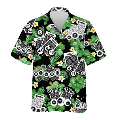 Matching family hawaiian shirts with bingo tropical pattern, main view