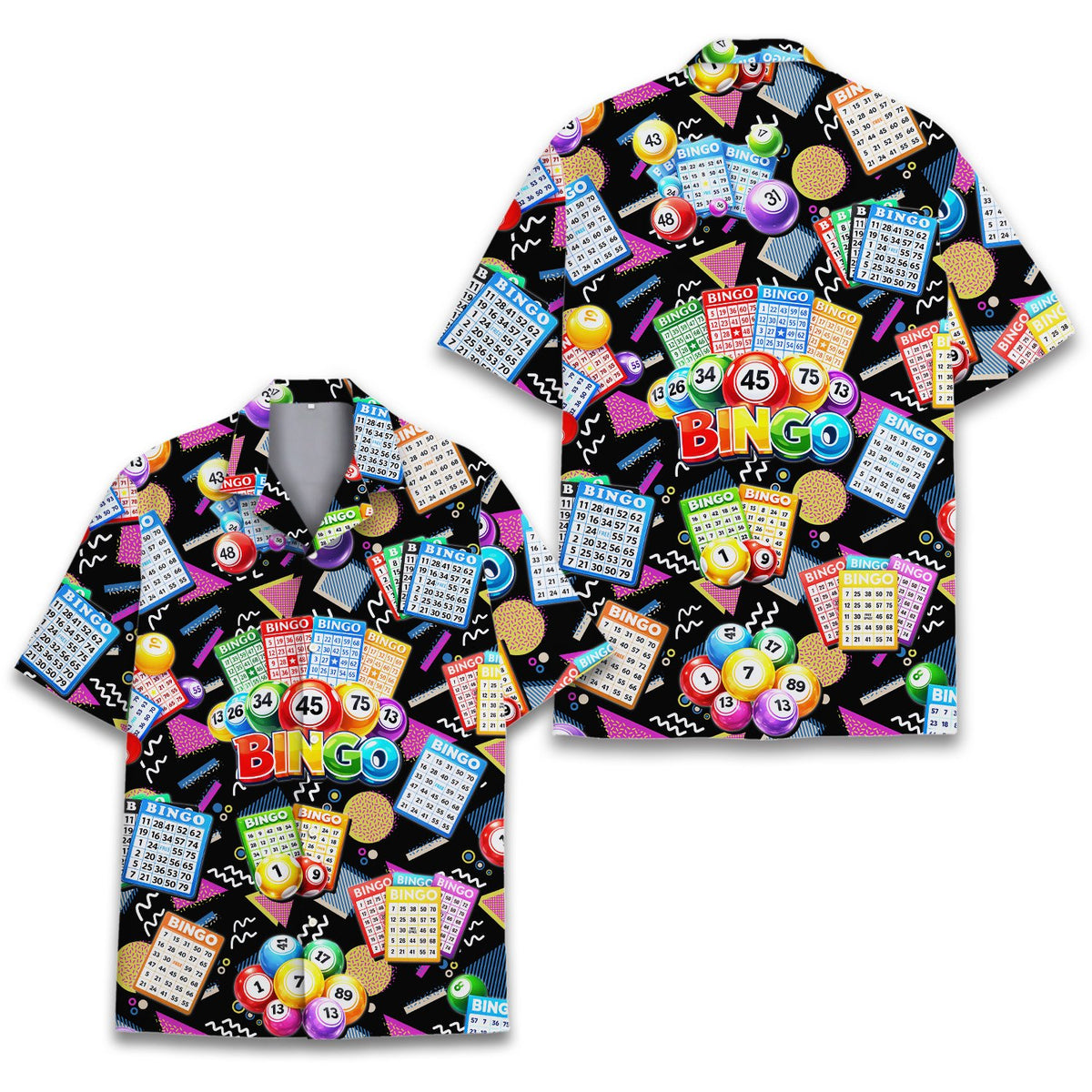Front view of the black bingo hawaiian shirt