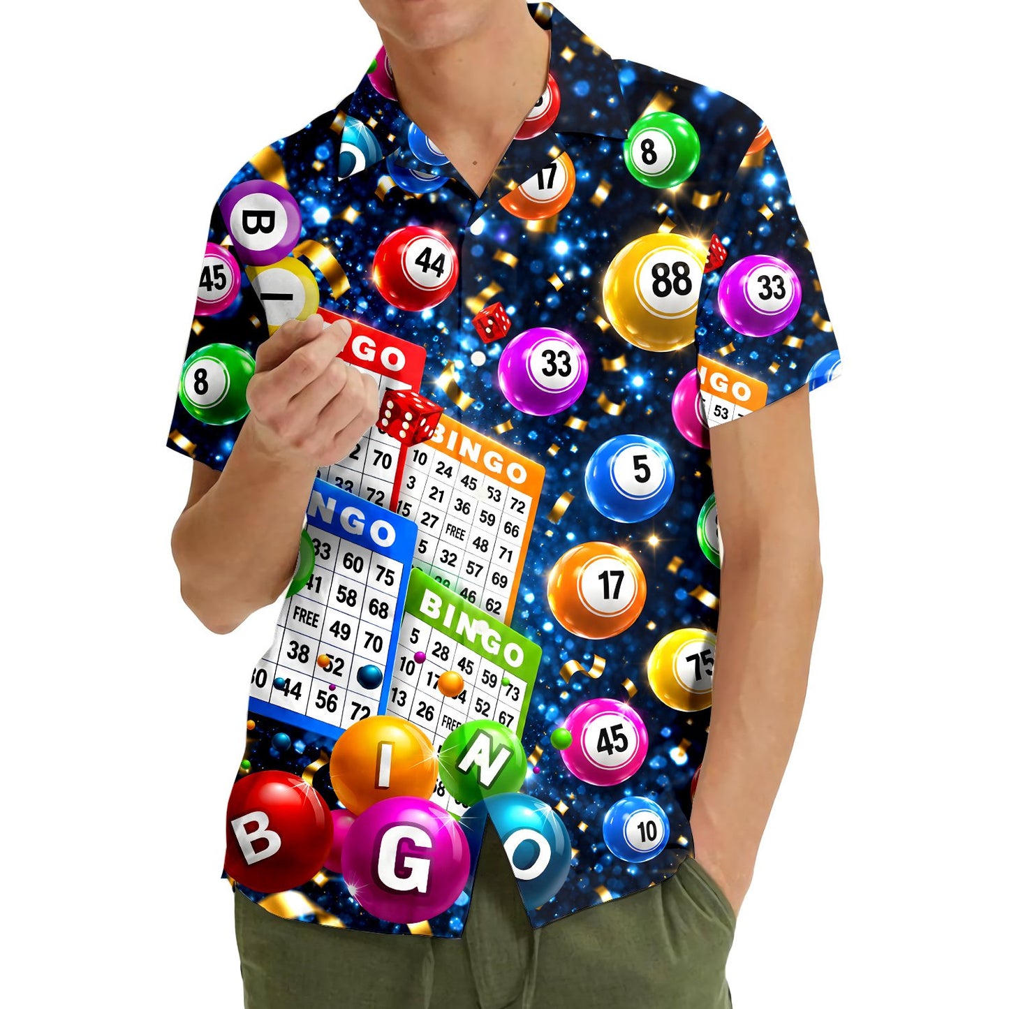 Front view of the bingo hawaiian shirt with colorful dice and cards