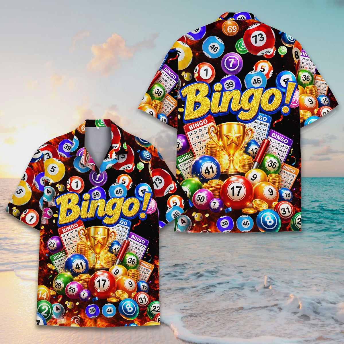 Vibrant bingo hawaiian shirt featuring colorful bingo balls and cards