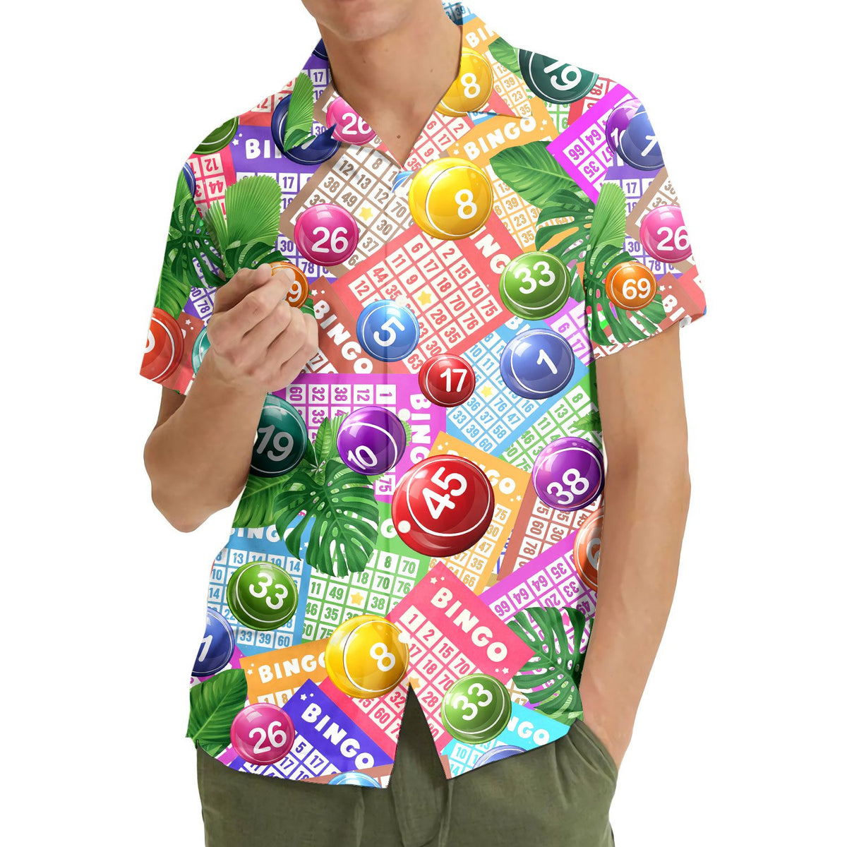 Multicolor bingo hawaiian shirt featuring bingo cards and palm leaves, front view