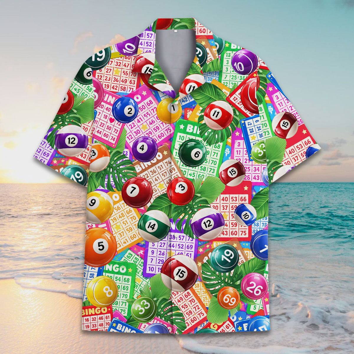 Main view of the bingo hawaiian shirt featuring cards and tropical leaves