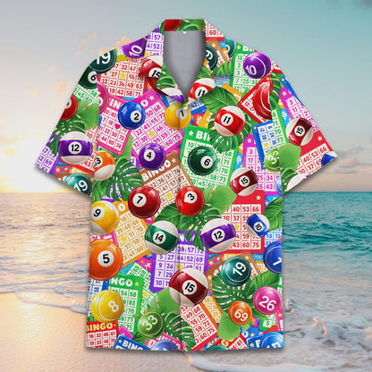 Main view of the bingo hawaiian shirt featuring cards and tropical leaves
