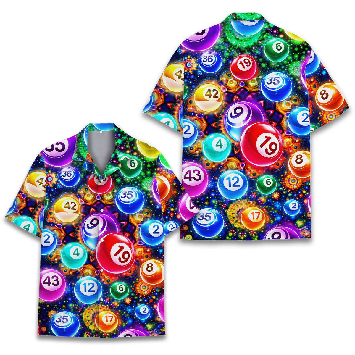 Front view of the multicolor bingo hawaiian shirt