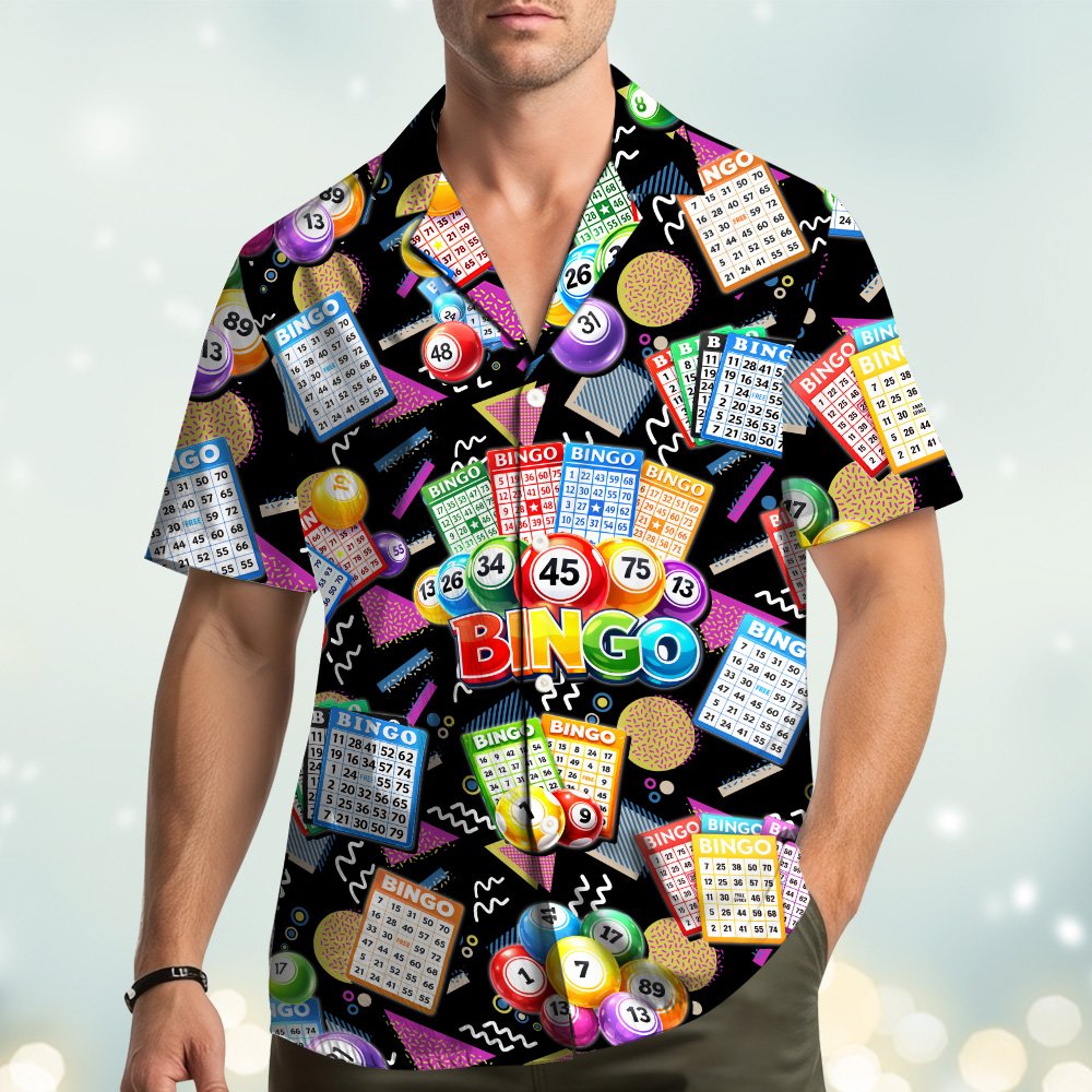 Second lifestyle view showing the retro bingo hawaiian shirt