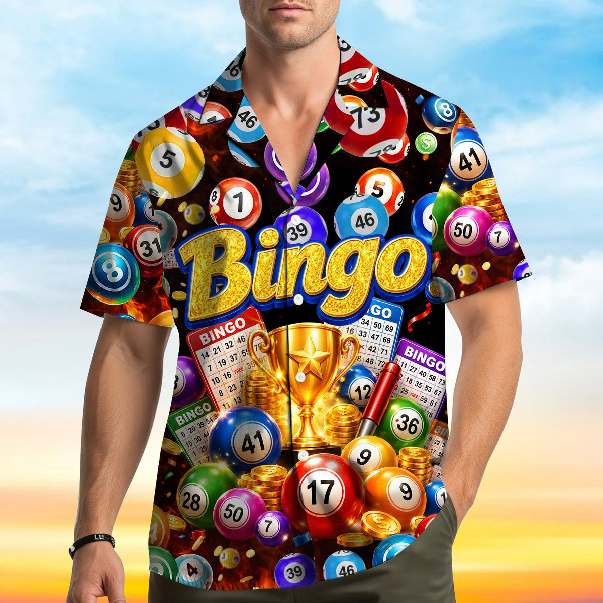 Second lifestyle shot of the vibrant bingo themed shirt