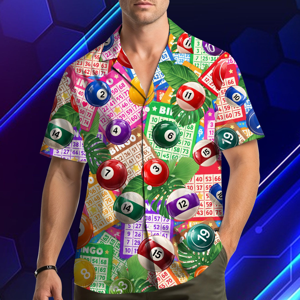 Second lifestyle view of the bingo pattern shirt