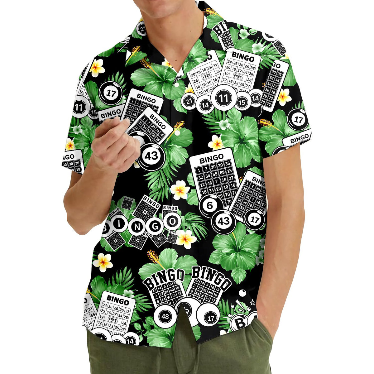 Third lifestyle view showing the bingo hawaiian shirt