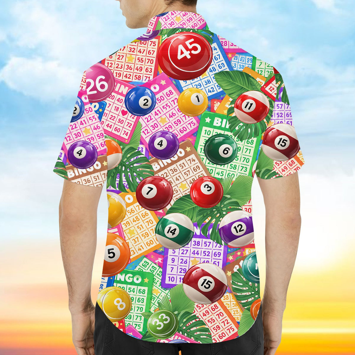 Third lifestyle view showcasing the casual fit of the bingo hawaiian shirt