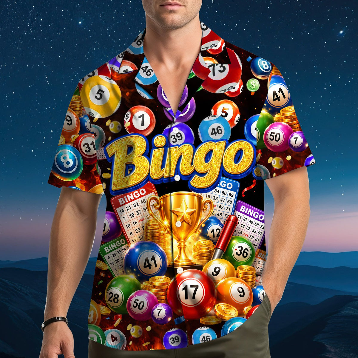 Fourth lifestyle image wearing the multicolor bingo hawaiian shirt