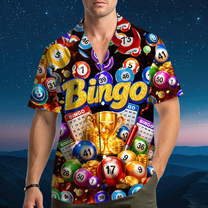 Fourth lifestyle image wearing the multicolor bingo hawaiian shirt