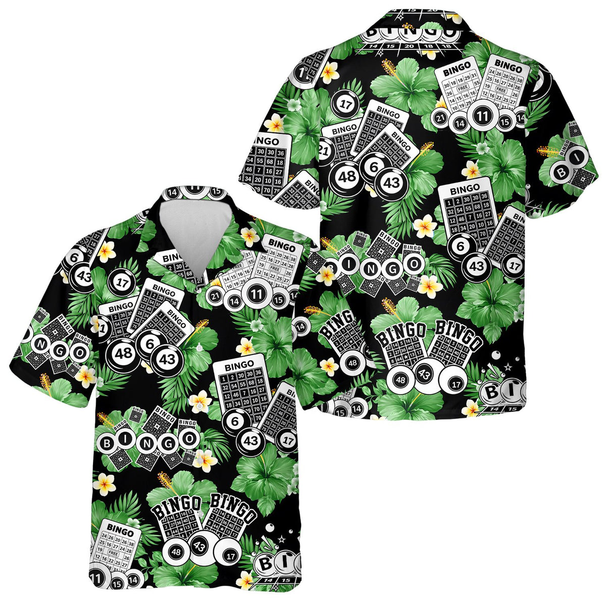 Lifestyle view of the tropical hawaiian shirt with bingo theme
