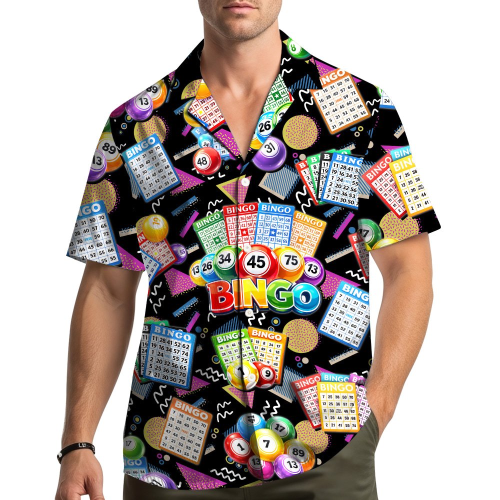 Lifestyle view of someone wearing the bingo hawaiian shirt