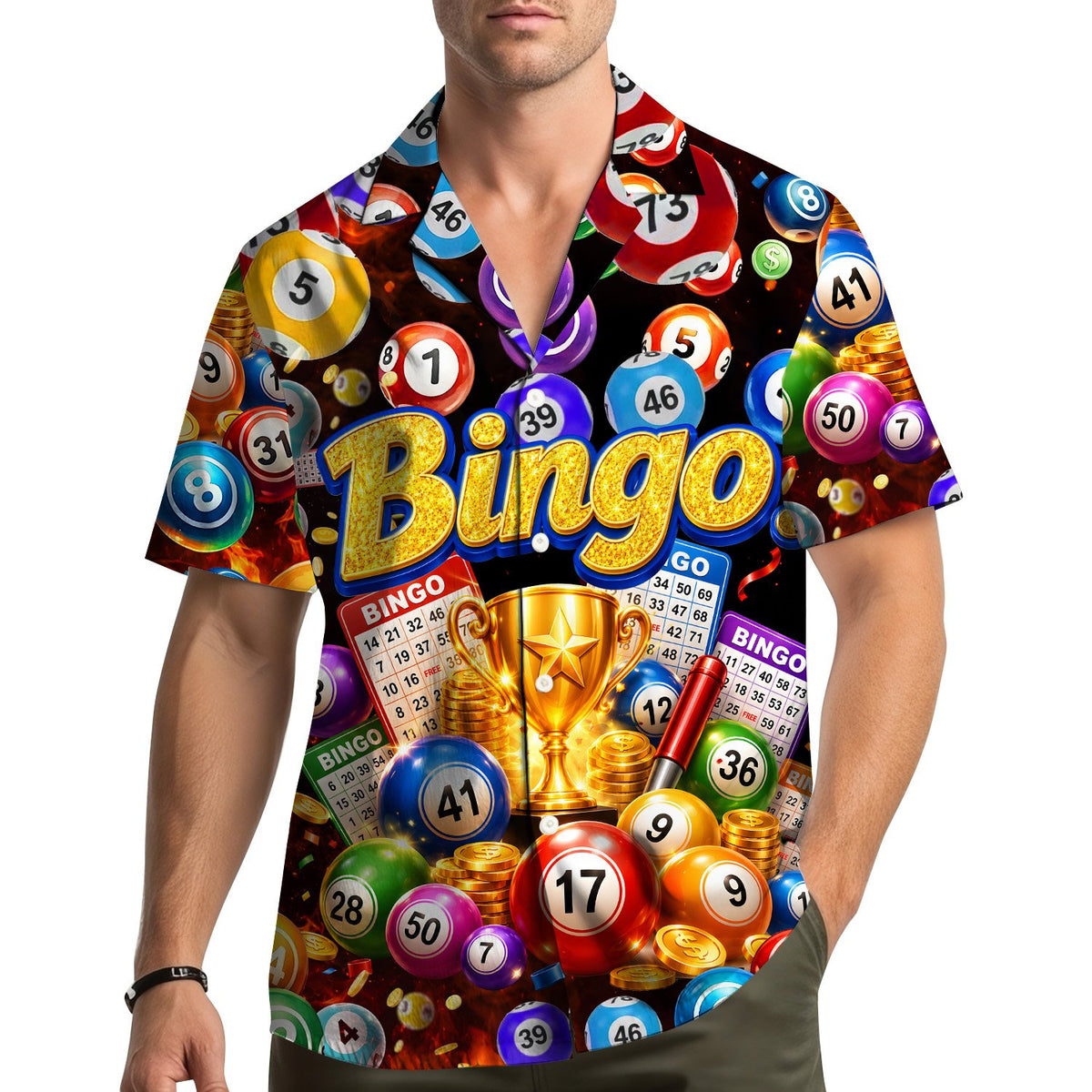 Lifestyle view of someone wearing the bingo hawaiian shirt