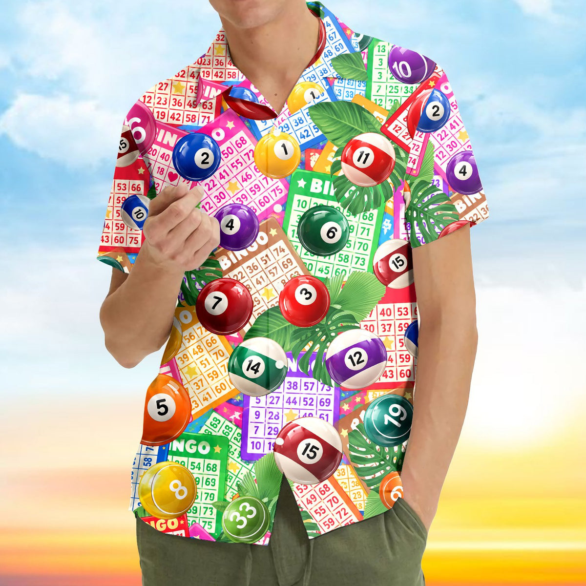 Lifestyle view of a person wearing the family matching hawaiian shirt