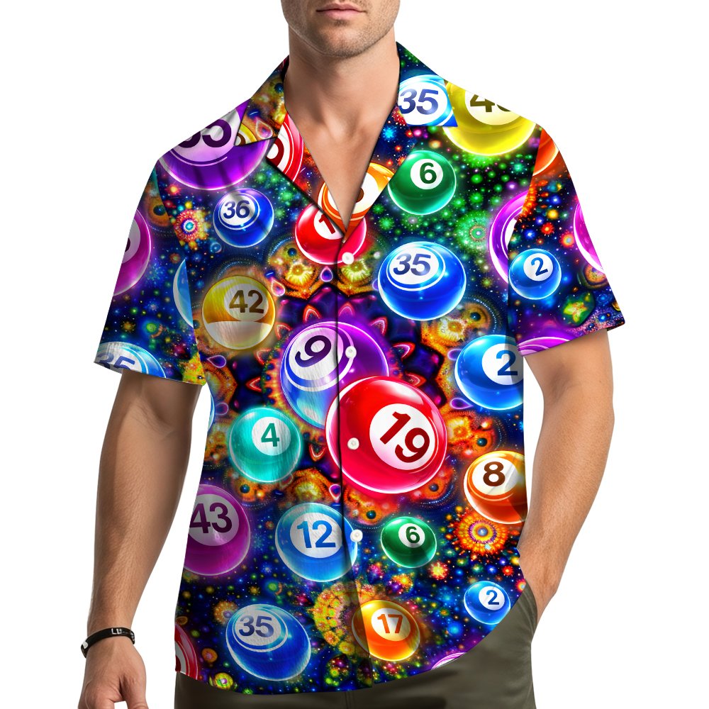 Lifestyle view of an adult wearing the multicolor bingo hawaiian shirt
