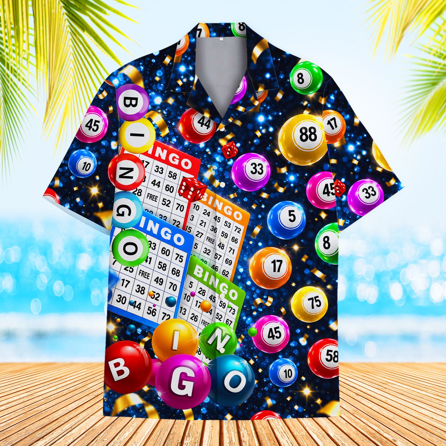 Close-up view of the collar and print of the matching family hawaiian shirt