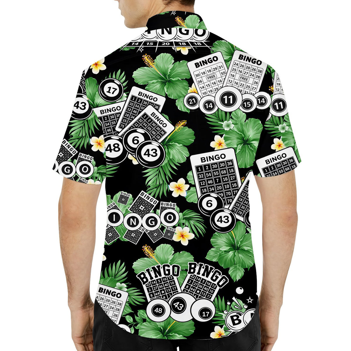 Close up view of the black and green bingo hawaiian shirt fabric details