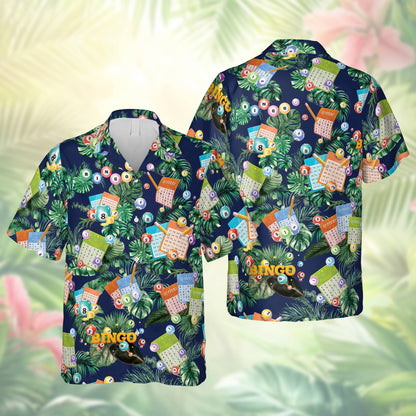 Navy bingo hawaiian shirt with tropical leaf and bingo card pattern, front view